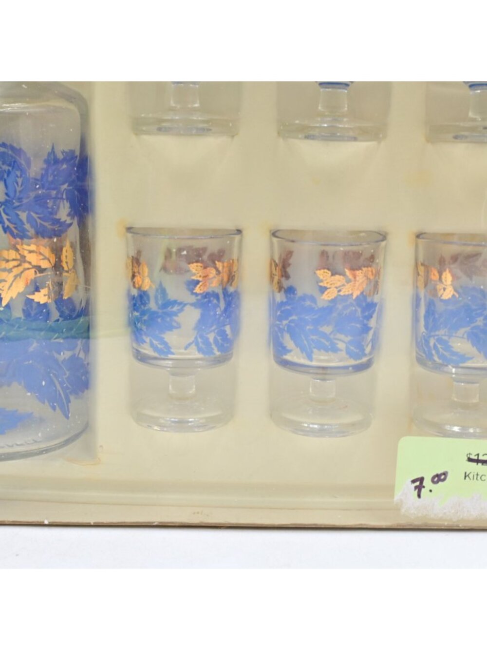Luminarc Blue Gold Leaves Decanter & 6 Cordial Shot Glasses Boxed Set Vintage - Picture 6 of 8